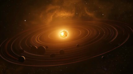 Fototapeta premium Vibrant star system with orbiting planets and rings.