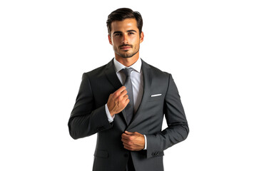 Businessman adjusting his tie isolated on white or transparent, PNG