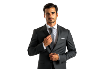 Businessman adjusting his tie isolated on white or transparent, PNG