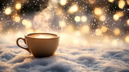 Warm coffee in a beige cup sits on snowy ground with soft bokeh lights in the background.