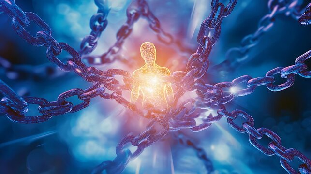 A man is surrounded by chains, with one of the chains having a heart on it