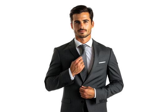 Businessman adjusting his tie isolated on white or transparent, PNG