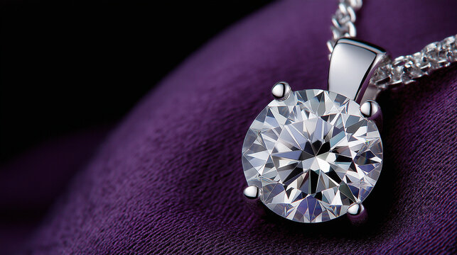 Dazzling Diamond Pendant: A breathtaking solitaire diamond pendant, exquisitely crafted in platinum, rests on luxurious purple silk. The brilliant cut showcases exceptional clarity and sparkle.
