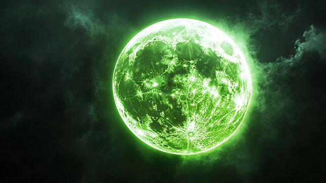 glowing green moon radiates a soft luminous halo as its reflection shimmers on calm water beneath a black starry night sky.