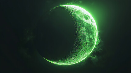 glowing green moon radiates a soft luminous halo as its reflection shimmers on calm water beneath a black starry night sky.