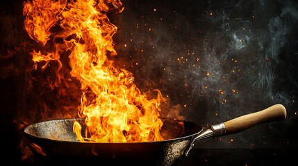 A pan of food is on fire, with a wooden spatula nearby
