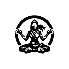Black and white vector illustration of a meditating figure wearing a mask in yoga pose