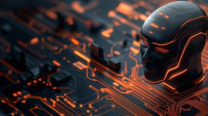 Online courses concept. Futuristic digital head with circuits showcasing advanced technology concepts.