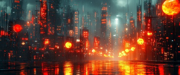 Fototapeta premium Cyberpunk Cityscape at Night, Wet Street Reflection.