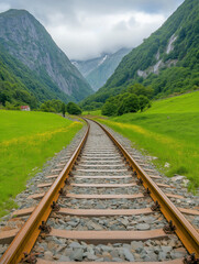 Fototapeta premium Mountain Railway Journey: A scenic railway track winds through a picturesque valley, nestled between majestic mountains. Lush green meadows and towering peaks create a breathtaking landscape.