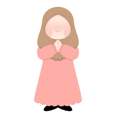 A traditional illustration depicting a Muslim girl participating in the custom of saling memaafkan during Eid al-Fitri. The handshake symbolizes the importance of forgiveness and reconciliation in Isl