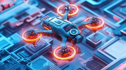 Fototapeta premium A vibrant depiction of an advanced drone with sensors and cameras hovering over a tech demonstration area