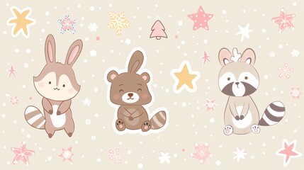 Festive Merry Christmas Cute Bear Rabbit Reindeer Raccoon Animal