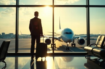 A man in a suit with a suitcase is standing at the airport.Business travel . Business trip .