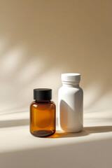 An amber glass bottle with a simple matte black cap. Next to it is a single white bottle. The background is beige.
