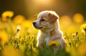 Portrait of a light-colored dog in dandelions at sunset. Photos for printed products. A cute dog. Puppy
