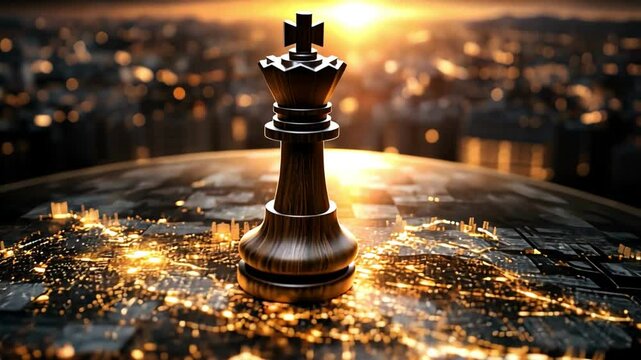 A majestic chess king on a glowing city backdrop, symbolizing strategy and power.