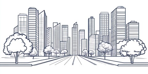Obraz premium Cityscape Sketch Showing Modern Buildings and Trees