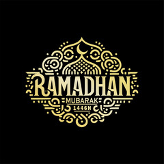 Elegant golden Ramadhan Mubarak inscription with detailed geometric patterns on black background