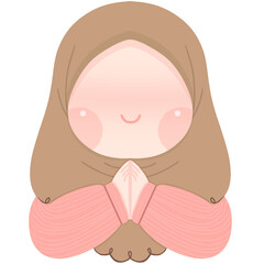 A traditional illustration depicting a Muslim girl participating in the custom of saling memaafkan during Eid al-Fitri. The handshake symbolizes the importance of forgiveness and reconciliation in Isl