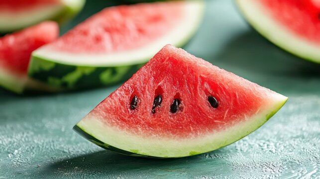 Close-up of a juicy watermelon slice with seeds, on a teal surface, with other slices in the background. - Powered by Adobe