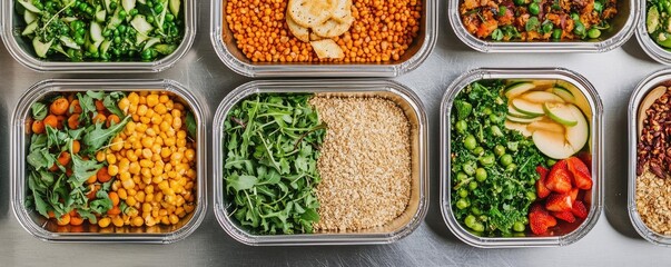 Plant based food idea. Colorful and nutritious bowls filled with various fresh ingredients and grains.