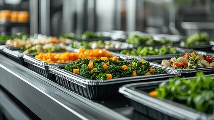Food automation concept. A vibrant display of fresh salads in trays at a modern food service setting.