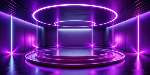 A Futuristic Circular Stage Illuminated by Vibrant Neon Lights in a Modern Setting