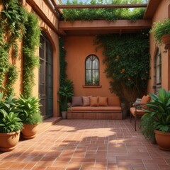 Fototapeta premium Cozy outdoor space with terracotta tiles and lush greenery, outdoor seating area,