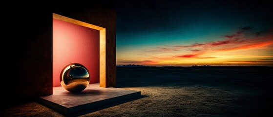 Fototapeta premium Sunset Landscape with Golden Sphere on Platform Minimalist Abstract Art