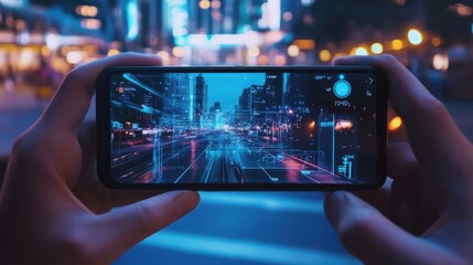 A person holding a smartphone displaying a digitally enhanced cityscape at night, showcasing vibrant lights and futuristic overlays, with a bustling urban environment in the background