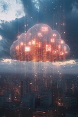 Fototapeta premium Digital Cloud Over Cityscape: A Futuristic Vision of Connected Technology