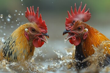 Fototapeta premium Two roosters splashing in water, vibrant plumage.
