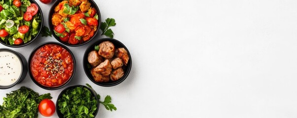 Meals delivery concept. Colorful bowls of fresh ingredients for a healthy meal preparation on a white background.