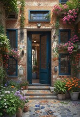 Fototapeta premium Colorful mosaic tile canal house with blooming flowers and vines, greenery, summer house, outdoor decor
