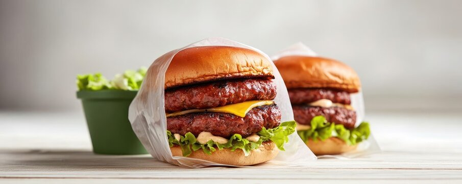 Plant based food idea. Delicious gourmet burgers with fresh toppings and flavorful patties on a rustic table.
