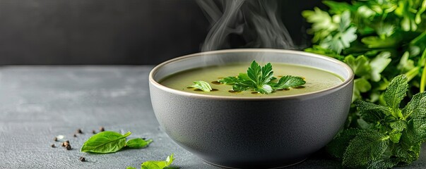 Plant based food idea. A steaming bowl of fresh green soup garnished with mint leaves on a dark background.