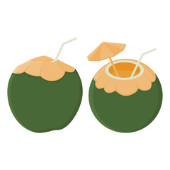 Fresh Coconut Drink with Umbrella and Straw Vector. Healthy Coconut Drink Elements.
