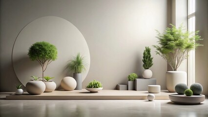 Serene Minimalist Interior Design with Lush Greenery and Neutral Tones, Featuring an Array of Potted Plants Arranged on a Light Beige Platform Against a Subtle Beige Wall