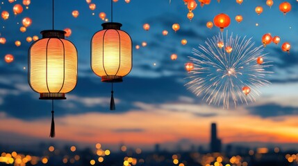 Obraz premium Vibrant Chinese New Year Celebrations with Lanterns and Dragon Fireworks