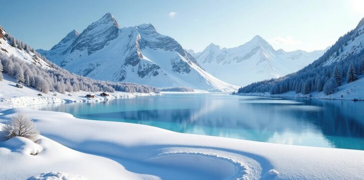 Frosty alpine landscape with snowfields and frozen lakes, alps, mountain, snowfield