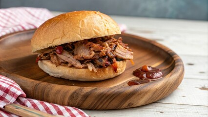 Freshly made gourmet pork sandwich on wooden plate, melted cheese, balsamic glaze, gourmet pork sandwich, tomato
