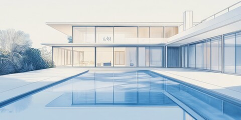 Modern House Architectural Sketch Featuring Swimming Pool