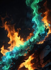 Fototapeta premium Fiery flames of blue and green illuminate the darkness, shining, brightness, flame