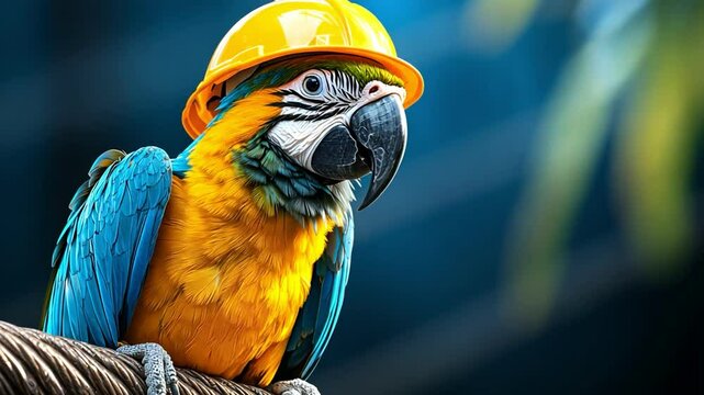 A vibrant parrot wearing a hard hat, ready for construction work in a colorful environment.
