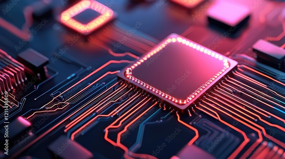 Poster educational platform online idea. close-up view of a vibrant microchip circuit board with glowing el