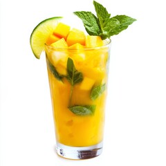 A tropical and exotic Mango Mojito cocktail with fresh mango puree, muddled mint leaves, and lime wedges