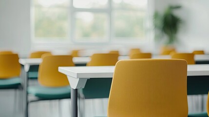Web based training online idea. Bright classroom with colorful chairs and large windows for natural light.