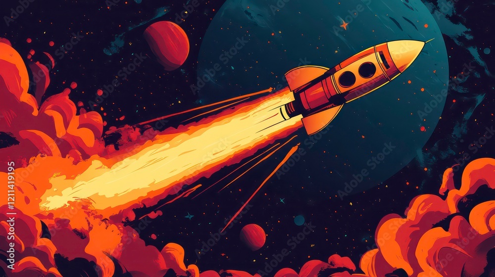 Poster retro rocket launching into space amidst fiery explosion and planets.