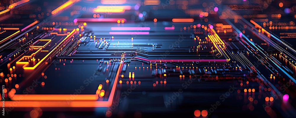Poster Web based training online idea. Vibrant abstract close-up of a modern circuit board with colorful lights.